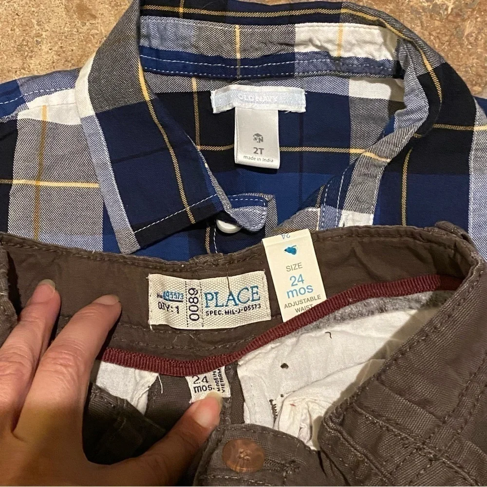 NWT~OLD NAVY CHILDREN’S PLACE Boys Blue Plaid Top & Brown Cargo Shorts -2 Yrs